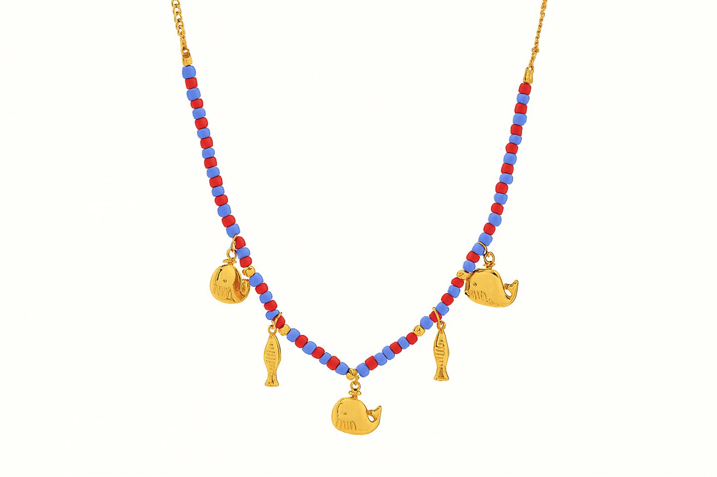 Collier Bohème en acier inoxydable et Perles Verre Rouge & Bleu avec Pendentif Baleine et poisson - Bijou Mon Amour