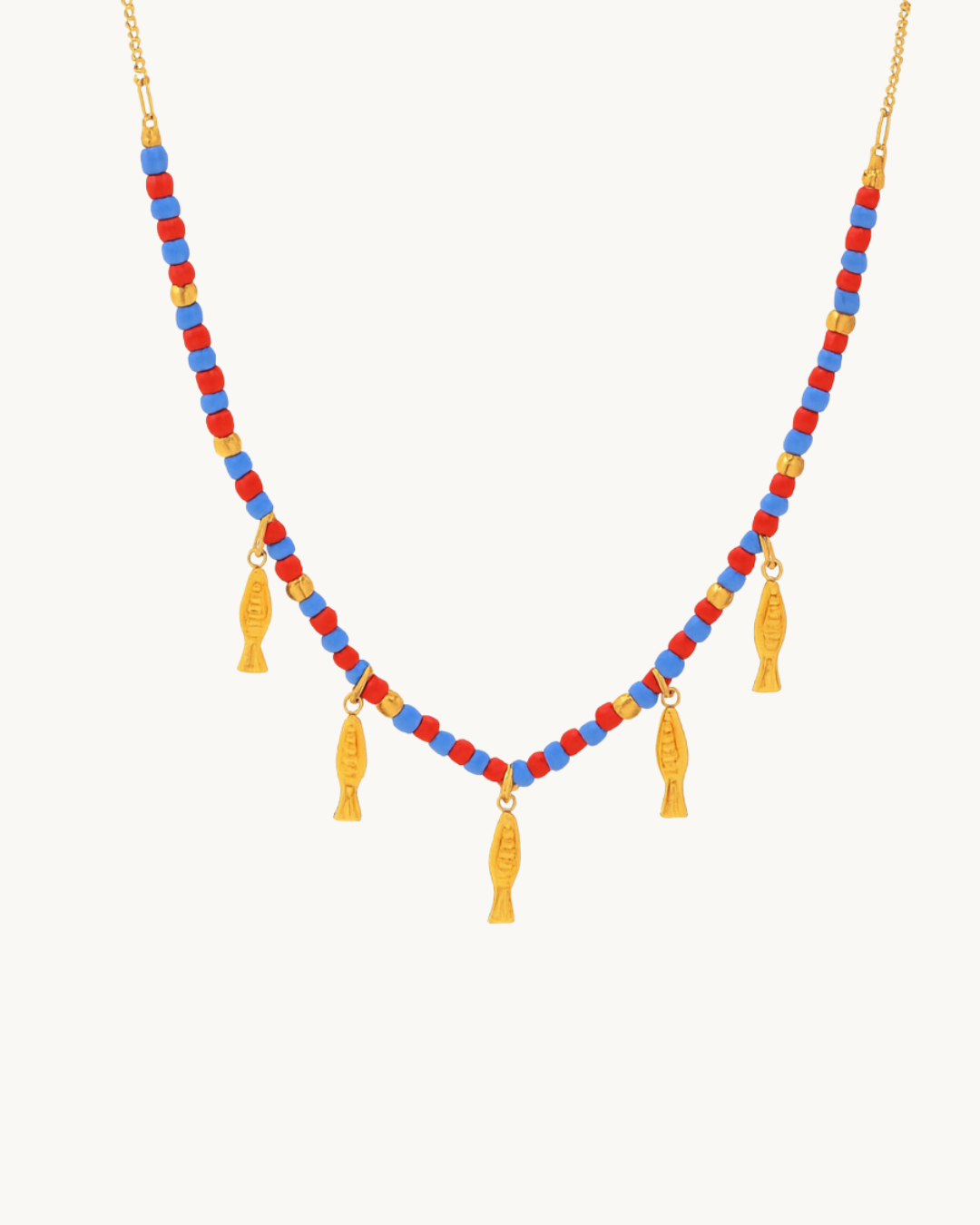 Collier Bohème en acier inoxydable et Perles Verre Rouge & Bleu avec Pendentif Baleine et poisson - Bijou Mon Amour