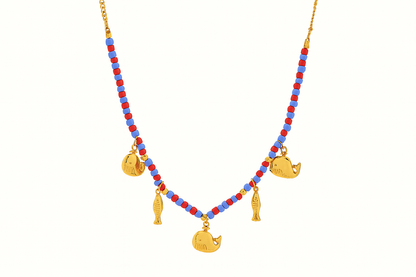 Collier Bohème en acier inoxydable et Perles Verre Rouge & Bleu avec Pendentif Baleine et poisson - Bijou Mon Amour