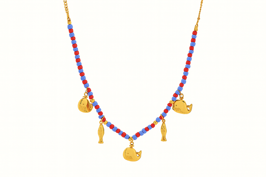 Collier Bohème en acier inoxydable et Perles Verre Rouge & Bleu avec Pendentif Baleine et poisson - Bijou Mon Amour