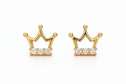 Boucles d’Oreilles Puces Couronne & Princesse – Or Massif 375/1000 avec Cristal - Bijou Mon Amour