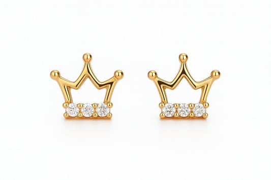 Boucles d’Oreilles Puces Couronne & Princesse – Or Massif 375/1000 avec Cristal - Bijou Mon Amour