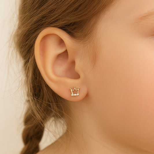 Boucles d’Oreilles Puces Couronne & Princesse – Or Massif 375/1000 avec Cristal - Bijou Mon Amour