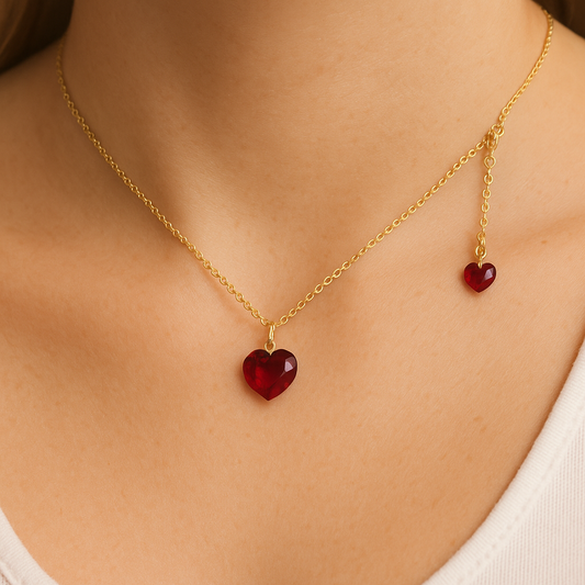 Collier Double Cœur en argent sterling 925 avec Pierre de zirconium rouge et plaqué Or 18K - Bijou Mon Amour