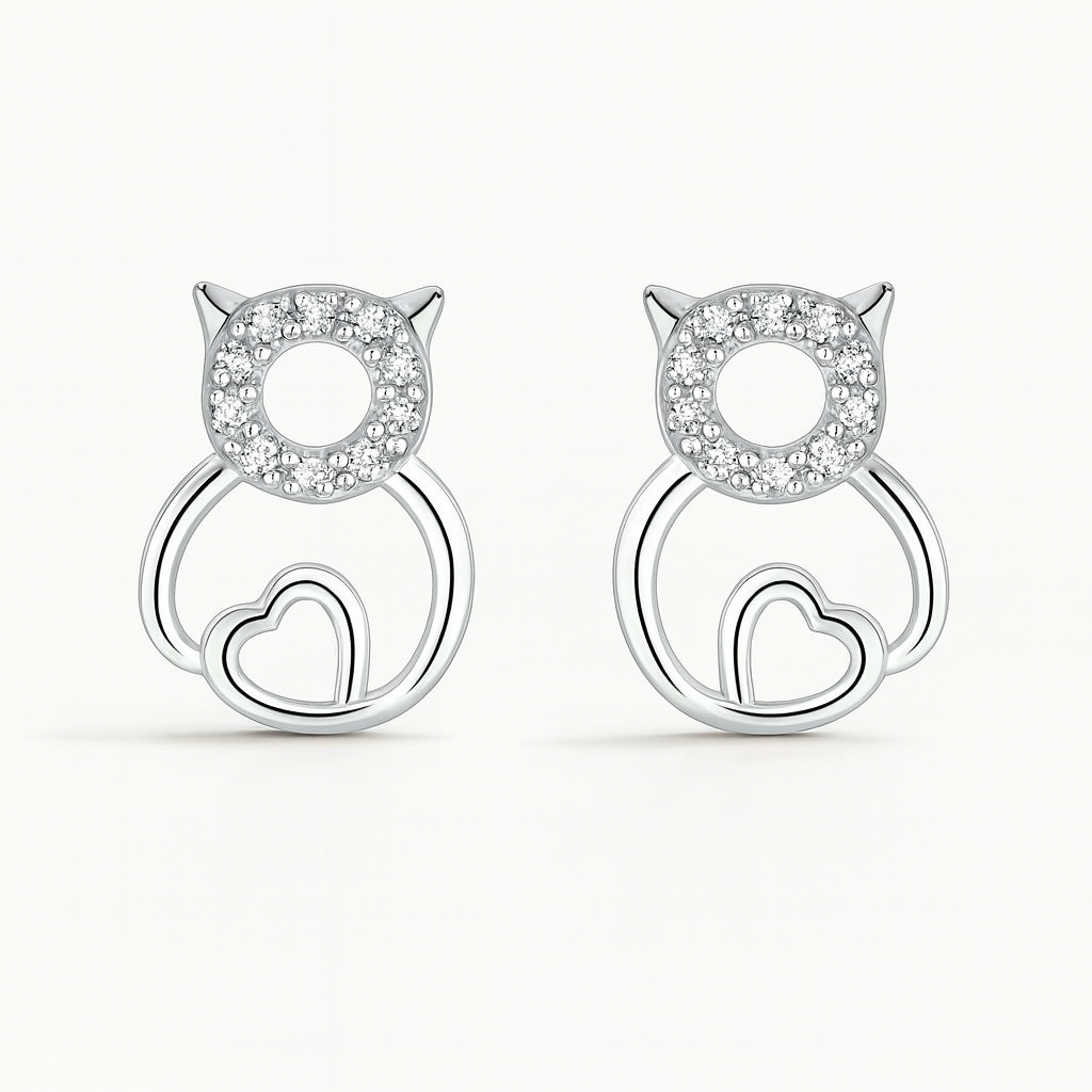 Boucles d’Oreilles Chat coeur en Argent 925 et zirconium - Bijou Mon Amour