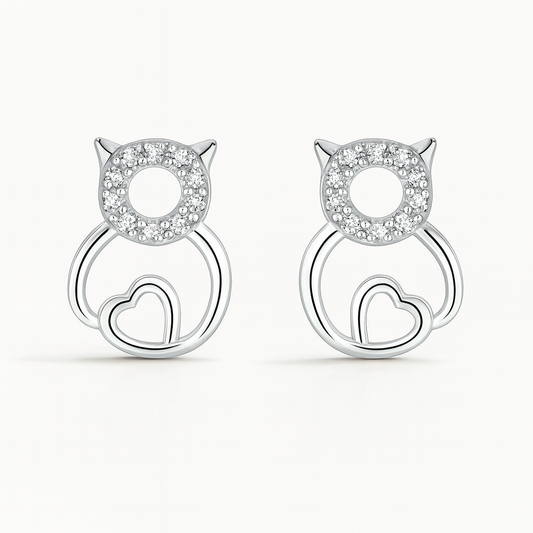 Boucles d’Oreilles Chat coeur en Argent 925 et zirconium - Bijou Mon Amour