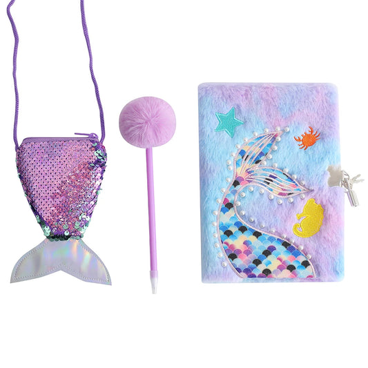 Set Kawaii Sirène – 3 pièces (carnet secret + stylo peluche +petit sac) - Bijou Mon Amour
