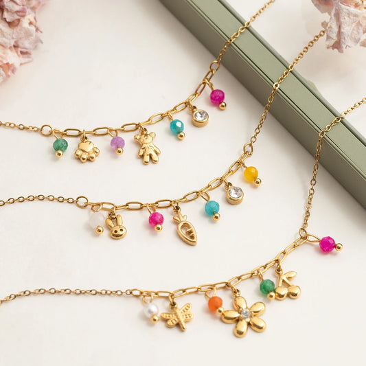 Multi-Pendentifs Fleur & Pierres – Acier Inoxydable Plaqué Or PVD 18 carats - Bijou Mon Amour