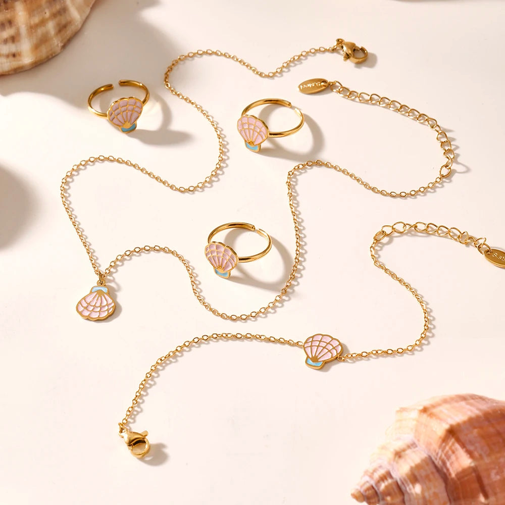 Parure de Bijoux Coquillage Rose & Acier Inoxydable plaqué or 18 carats - Bijou Mon Amour