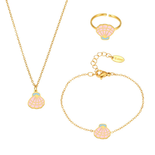 Parure de Bijoux Coquillage Rose & Acier Inoxydable plaqué or 18 carats - Bijou Mon Amour