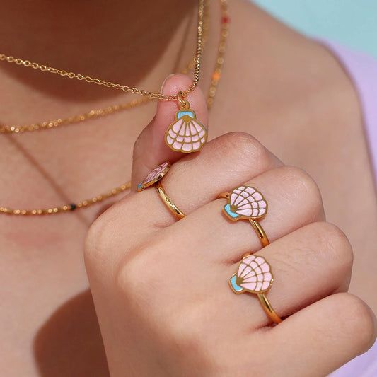 Parure de Bijoux Coquillage Rose & Acier Inoxydable plaqué or 18 carats - Bijou Mon Amour