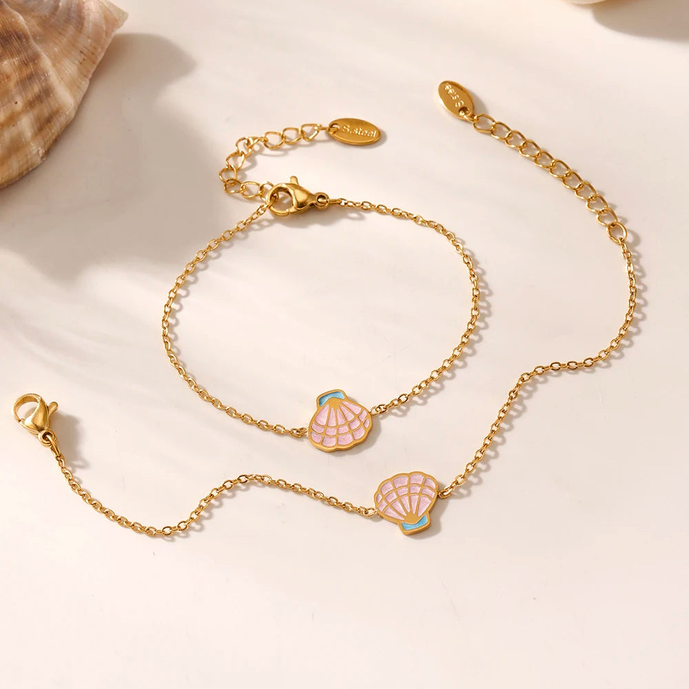 Parure de Bijoux Coquillage Rose & Acier Inoxydable plaqué or 18 carats - Bijou Mon Amour